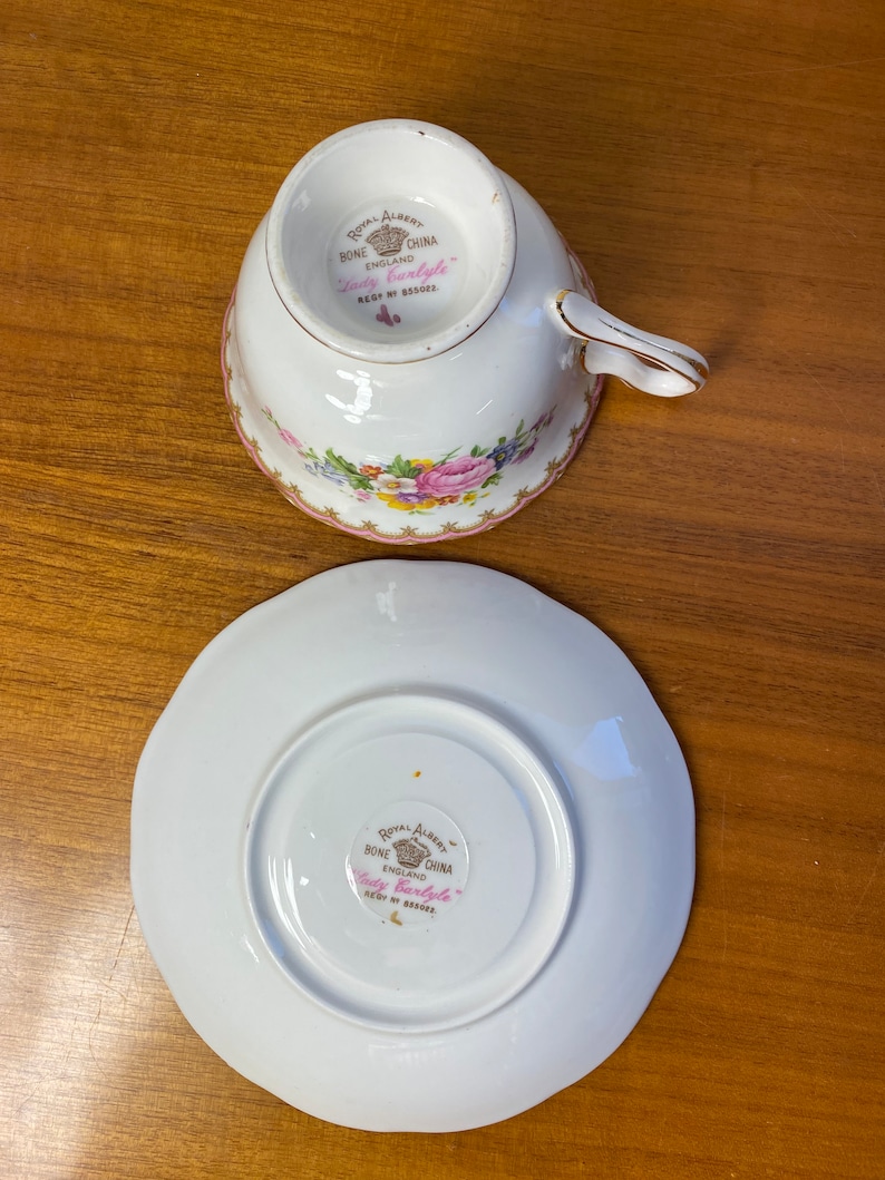Royal Albert Lady Carlyle Tea Cup and Saucer, Bone China Pink Floral Teacup and Saucer, reg'd 855022 original date 1944 1950s image 10