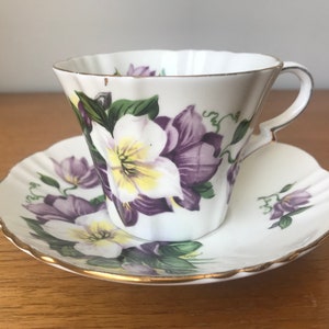 Purple Floral Teacups and Saucers, Violets and Flower Tea Cups and Saucers, Bone China Mismatched Tea Set image 8