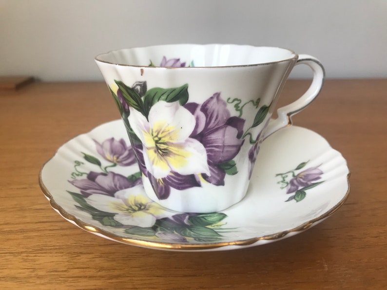 Purple Floral Teacups and Saucers, Violets and Flower Tea Cups and Saucers, Bone China Mismatched Tea Set image 8