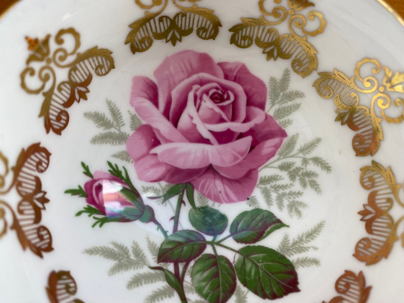 Rare Paragon Rose Tea Cup and Saucer, Large Pink Rose Teacup and Saucer with Gold Accents 1960s Floating Rose Long Stem Rose Collectible image 4