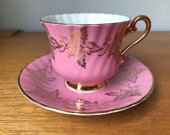 H M Sutherland Tea Cup and Saucer, Bright Pink Gold Leaves Teacup and Saucer, Fine Bone China