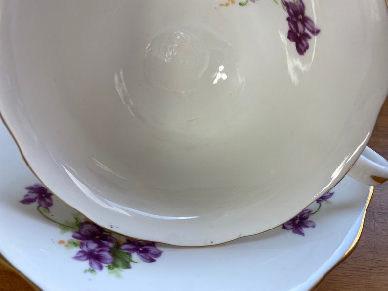 Radfords China Tea Cup and Saucer, Purple Violets Teacup and Saucer, English Bone China Flaws image 9