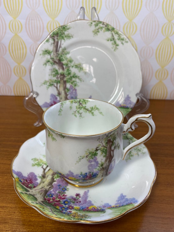 Royal Albert greenwood Tree Tea Cup Saucer and Plate Green Scenic