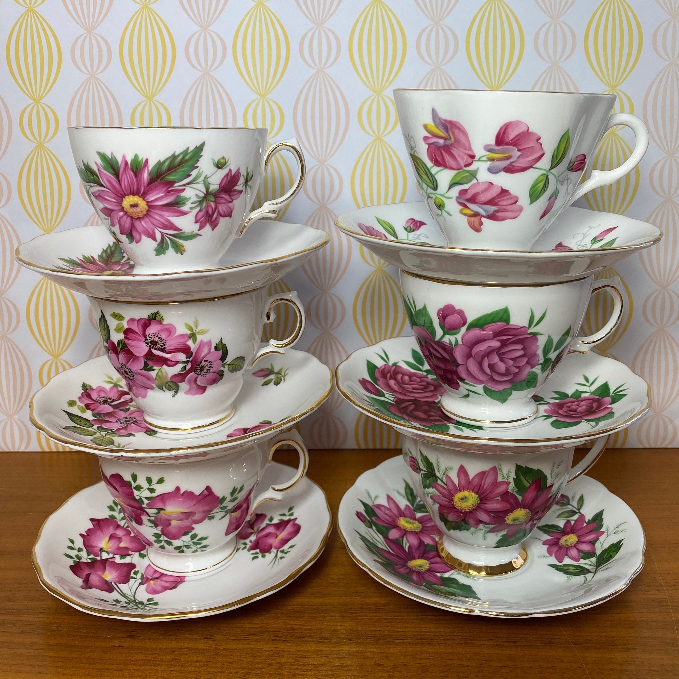 Tea Set for Six Pink Floral Tea Cups and Saucers Mismatched 