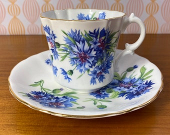 Vintage Hammersley Bachelor Button Cup and Saucer, Blue Cornflower Teacup and Saucer *manufacturing flaw*