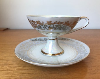 Japanese Pedestal Tea Cup and Saucer, Grey Pearlescent Lustreware Teacup and Saucer, Fine China