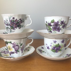 Purple Floral Teacups and Saucers, Violets and Flower Tea Cups and Saucers, Bone China Mismatched Tea Set image 2