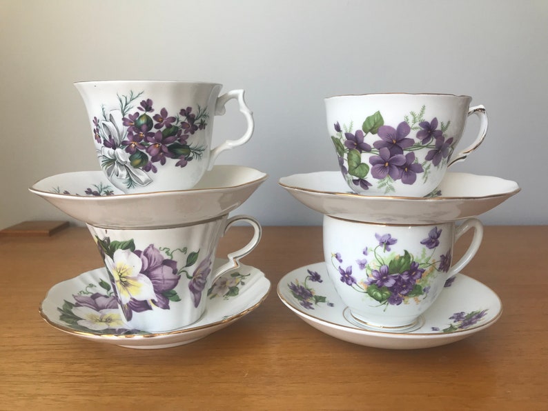 Purple Floral Teacups and Saucers, Violets and Flower Tea Cups and Saucers, Bone China Mismatched Tea Set image 2