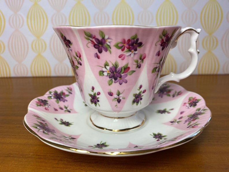 Royal Albert China Tea Cup and Saucer Serenity Debutante Series Teacup and Saucer Bone China Pink and Purple Flowers image 1