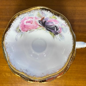 Summer Bounty Series Tourmaline Teacup and Saucer, Royal Albert China Tea Cup and Saucer with Pink and Purple Roses and Heavy Gold image 4