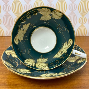 Tuscan China Tea Cup and Saucer, Dark Forest Green Bands with Yellow Leaves and Gold Outline Teacup and Saucer image 1