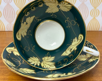 Tuscan China Tea Cup and Saucer, Dark Forest Green Bands with Yellow Leaves and Gold Outline Teacup and Saucer