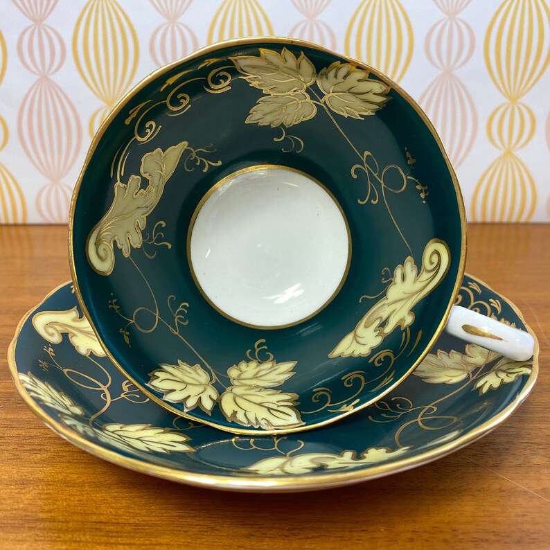 Tuscan China Tea Cup and Saucer, Dark Forest Green Bands with Yellow Leaves and Gold Outline Teacup and Saucer image 1