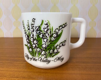 Vintage Milk Glass Cup, Flower of the Month "May", Lily of the Valley Floral Mug, White Milk Glass Coffee Cup, Birthday Gift