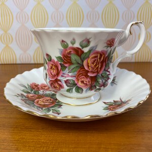 Royal Albert Centennial Rose Vintage Teacup and Saucer, Red Pink Orange Rose Tea Cup and Saucer, English Bone China CLEARANCE image 1