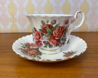 Royal Albert "Centennial Rose" Vintage Teacup and Saucer, Red Pink Orange Rose Tea Cup and Saucer, English Bone China CLEARANCE