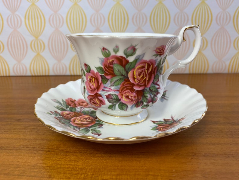 Royal Albert Centennial Rose Vintage Teacup and Saucer, Red Pink Orange Rose Tea Cup and Saucer, English Bone China CLEARANCE image 1