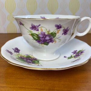 Radfords China Tea Cup and Saucer, Purple Violets Teacup and Saucer, English Bone China Flaws image 2