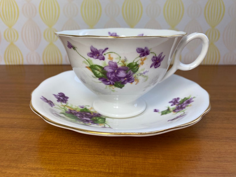 Radfords China Tea Cup and Saucer, Purple Violets Teacup and Saucer, English Bone China Flaws image 2