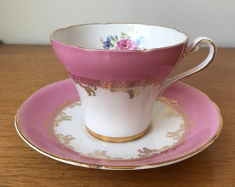 Royal Stafford Teacup and Saucer, Pink Tea Cup and Saucer, Floral English Bone China