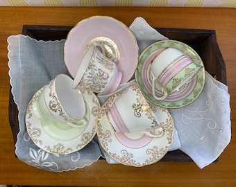 Tasses et soucoupes roses, vertes et dorées, service à thé en porcelaine tendre dépareillée, ensemble de tasses à thé et soucoupes Royal Stafford, Royal Vale et Regency