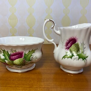 Royal Albert China Highland Thistle Cream and Sugar set with Regal Tray, Milk Pitcher and Sugar Bowl image 3