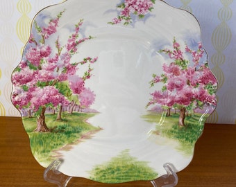 Royal Albert "Blossom Time" Cake Plate, Vintage Dessert Tray, Pink Tree Green Grass Serving Dish, Bone China