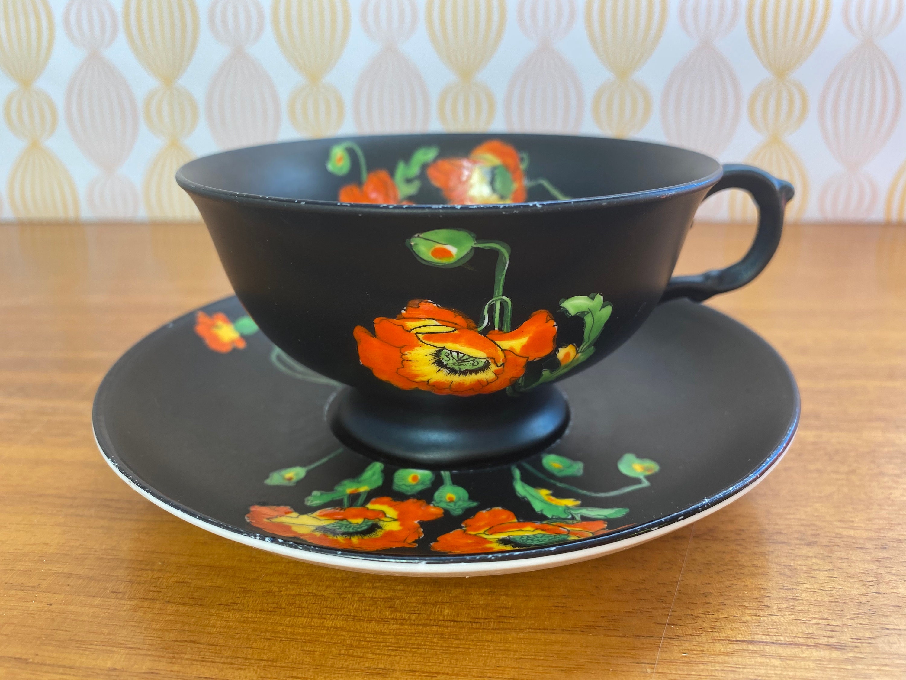 Matte Black Tea Cup and Saucer Hand Painted Orange and Yellow Etsy UK