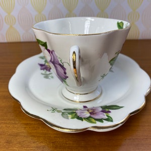 Windsor and Royal Dogwood China Teacup and Snack Plate, Purple and White Clematis Tea Cup and Plate image 4