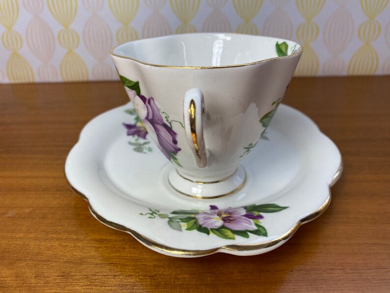 Windsor and Royal Dogwood China Teacup and Snack Plate, Purple and White Clematis Tea Cup and Plate image 4