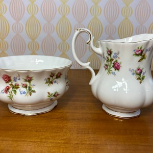 Cream and Sugar set, Royal Albert Winsome Vintage Creamer and Sugar Bowl, Pink Roses, English Bone China, Milk Pitcher and Bowl image 3