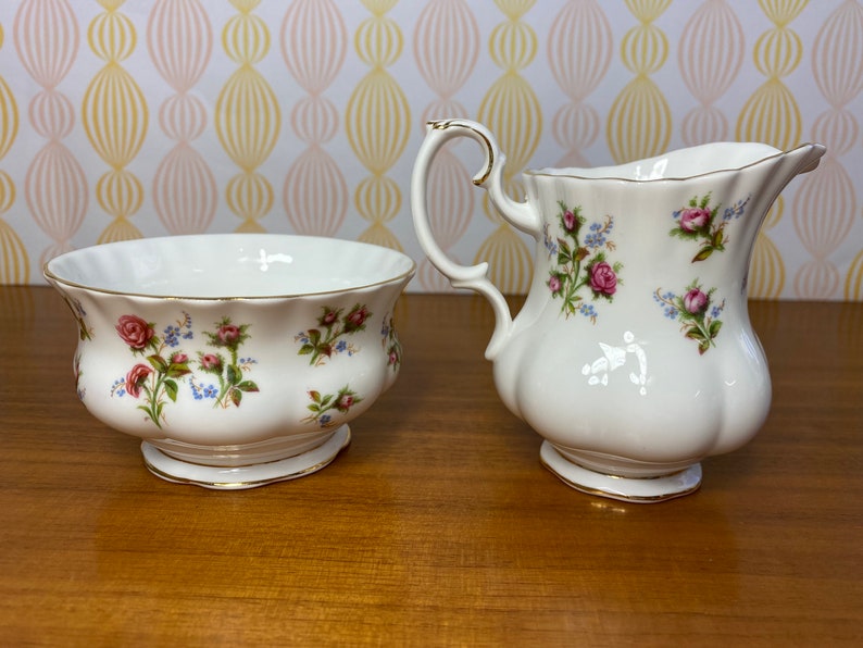 Cream and Sugar set, Royal Albert Winsome Vintage Creamer and Sugar Bowl, Pink Roses, English Bone China, Milk Pitcher and Bowl image 3