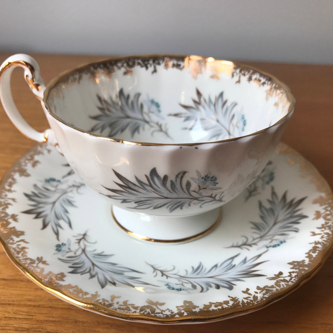 Grey Feather Aynsley Teacup and Saucer White Tea Cup and Etsy