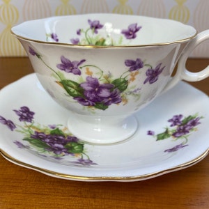 Radfords China Tea Cup and Saucer, Purple Violets Teacup and Saucer, English Bone China Flaws image 1