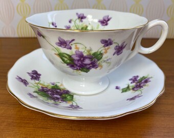 Radfords China Tea Cup and Saucer, Purple Violets Teacup and Saucer, English Bone China *Flaws