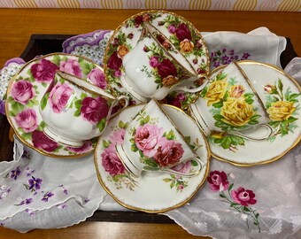 Royal Albert Tea Set, Rose Pattern Teacups and Saucers, Pink and Yellow Rose Tea Cups and Saucers, Old Country Roses American Beauty