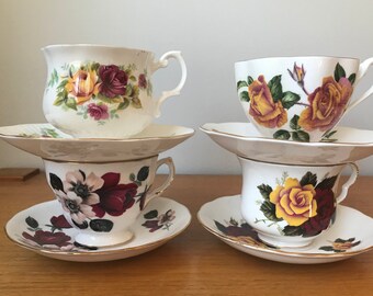 Mismatched China Tea Set, Rose Teacups and Saucers, Red Pink and Yellow Rose Tea Cups and Saucers, Bulk Lot Valentines Day Tea Party