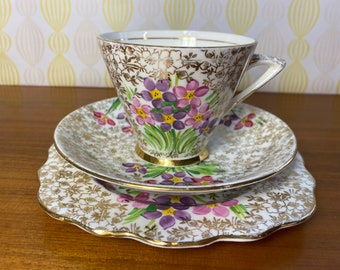Gold Floral Chintz Phoenix China Tea Cup Trio *sold as is