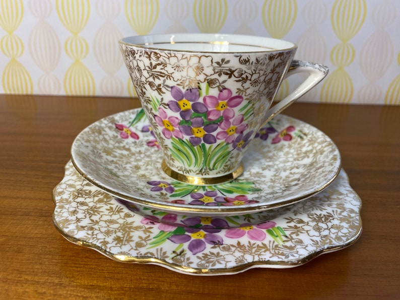 Gold Floral Chintz Phoenix China Tea Cup Trio sold as is image 1