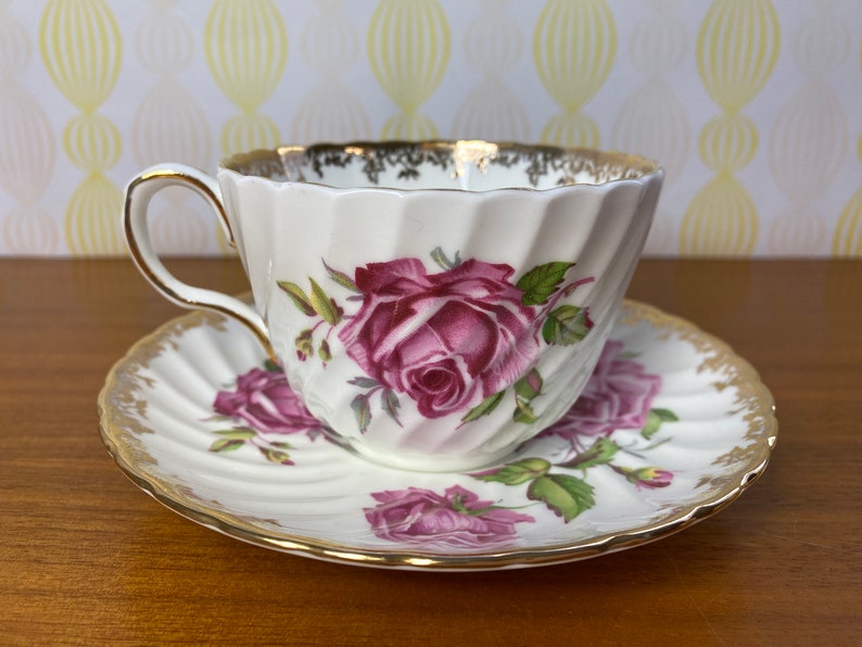 Aynsley Roses Cup and Saucer, Large Pink Cabbage Rose Teacup and Saucer image 3