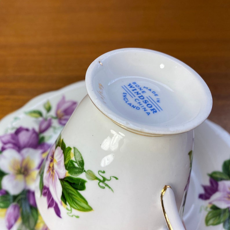 Windsor and Royal Dogwood China Teacup and Snack Plate, Purple and White Clematis Tea Cup and Plate image 8