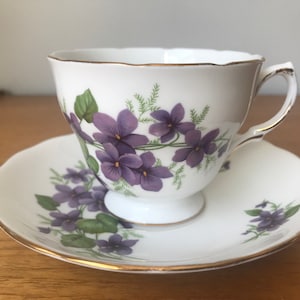 Purple Floral Teacups and Saucers, Violets and Flower Tea Cups and Saucers, Bone China Mismatched Tea Set image 10