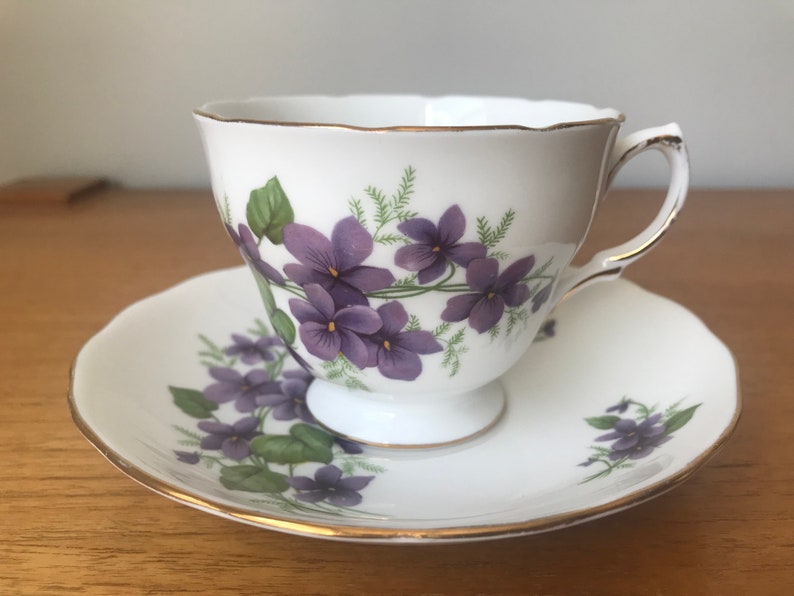 Purple Floral Teacups and Saucers, Violets and Flower Tea Cups and Saucers, Bone China Mismatched Tea Set image 10