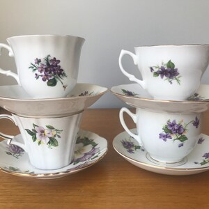 Purple Floral Teacups and Saucers, Violets and Flower Tea Cups and Saucers, Bone China Mismatched Tea Set image 3