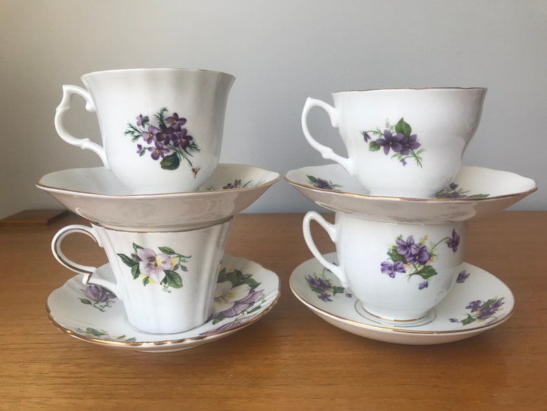Purple Floral Teacups and Saucers, Violets and Flower Tea Cups and Saucers, Bone China Mismatched Tea Set image 3