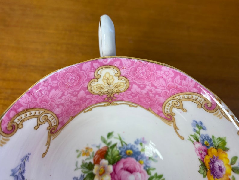 Royal Albert Lady Carlyle Tea Cup and Saucer, Bone China Pink Floral Teacup and Saucer, reg'd 855022 original date 1944 1950s image 6