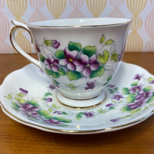 Purple Violets Royal Albert China Tea Cup and Saucer, Sweet Violet Teacup and Saucer 1940s Bone China image 3