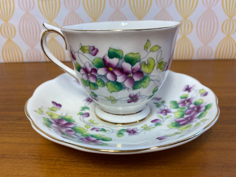 Purple Violets Royal Albert China Tea Cup and Saucer, Sweet Violet Teacup and Saucer 1940s Bone China image 3