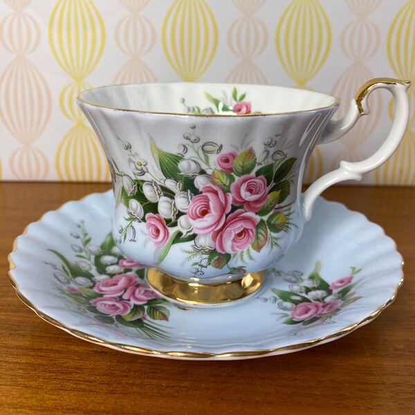 Royal Albert Lily of the Valley and Pink Rose Tea Cup and Saucer, Vintage Pale Blue Teacup and Saucer, Floral Bone China, Birthday Gift Idea