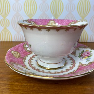 Royal Albert Lady Carlyle Tea Cup and Saucer, Bone China Pink Floral Teacup and Saucer, reg'd 855022 original date 1944 1950s image 3